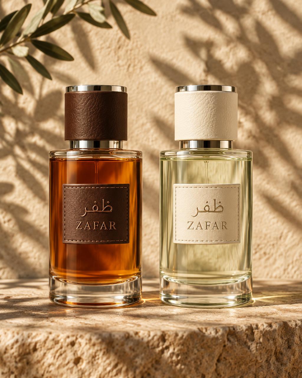 Two clear ZAFAR bottles with leather labels in warm natural light