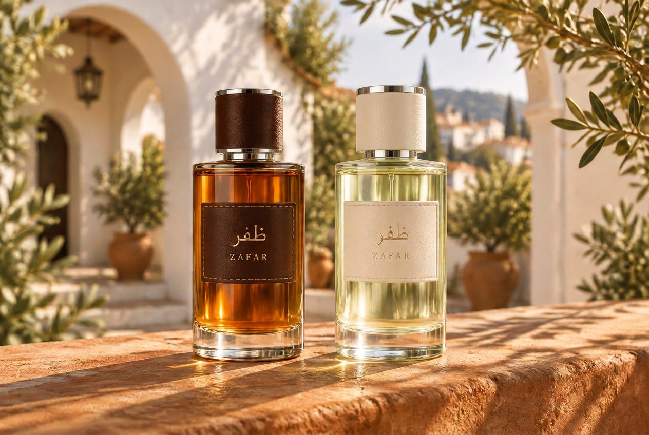 Two clear ZAFAR fragrance bottles with brown and ivory leather labels in a sunlit Arabic-Spanish courtyard