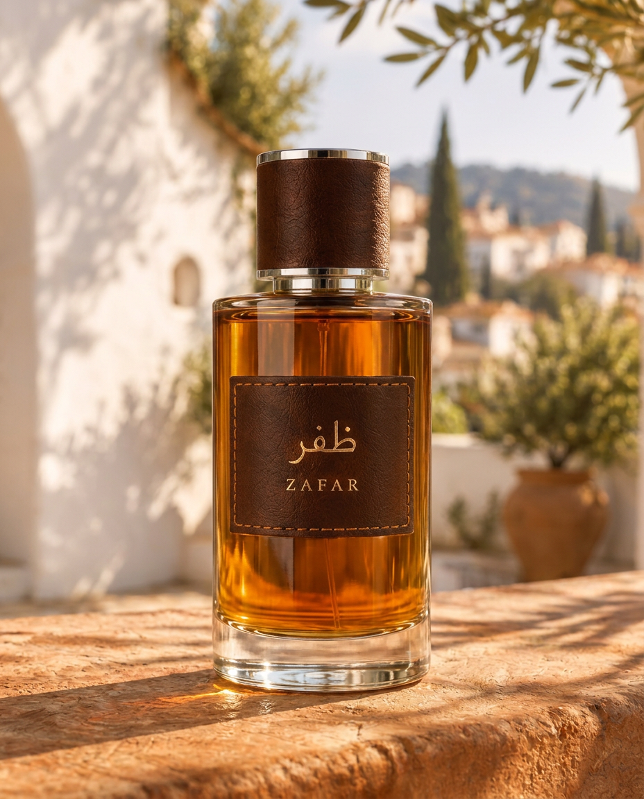 ZAFAR Athar in a clear cylindrical bottle with amber liquid, brown leather cap and stitched leather label
